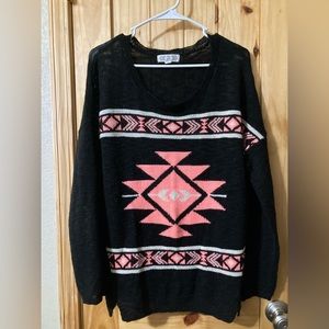 Pink Rose size 2X lightweight black sweater with pretty southwestern pattern